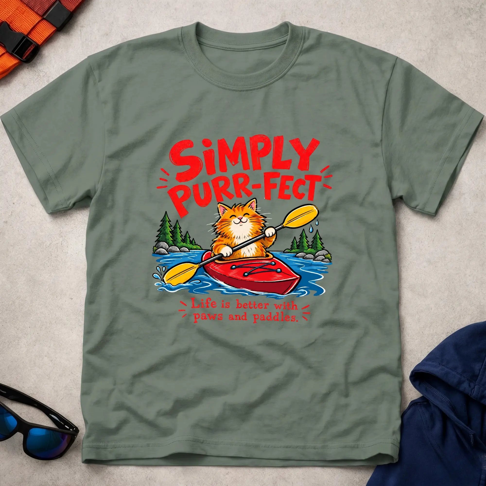 Military Green Simply Purr-fect ginger cat kayak t-shirt - Vector Paddle