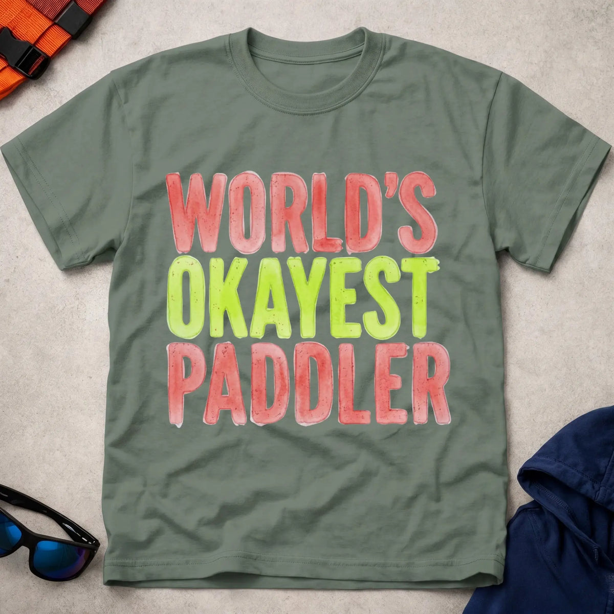 Military Green World's Okayest Paddler grunge paddling tee — Vector Paddle