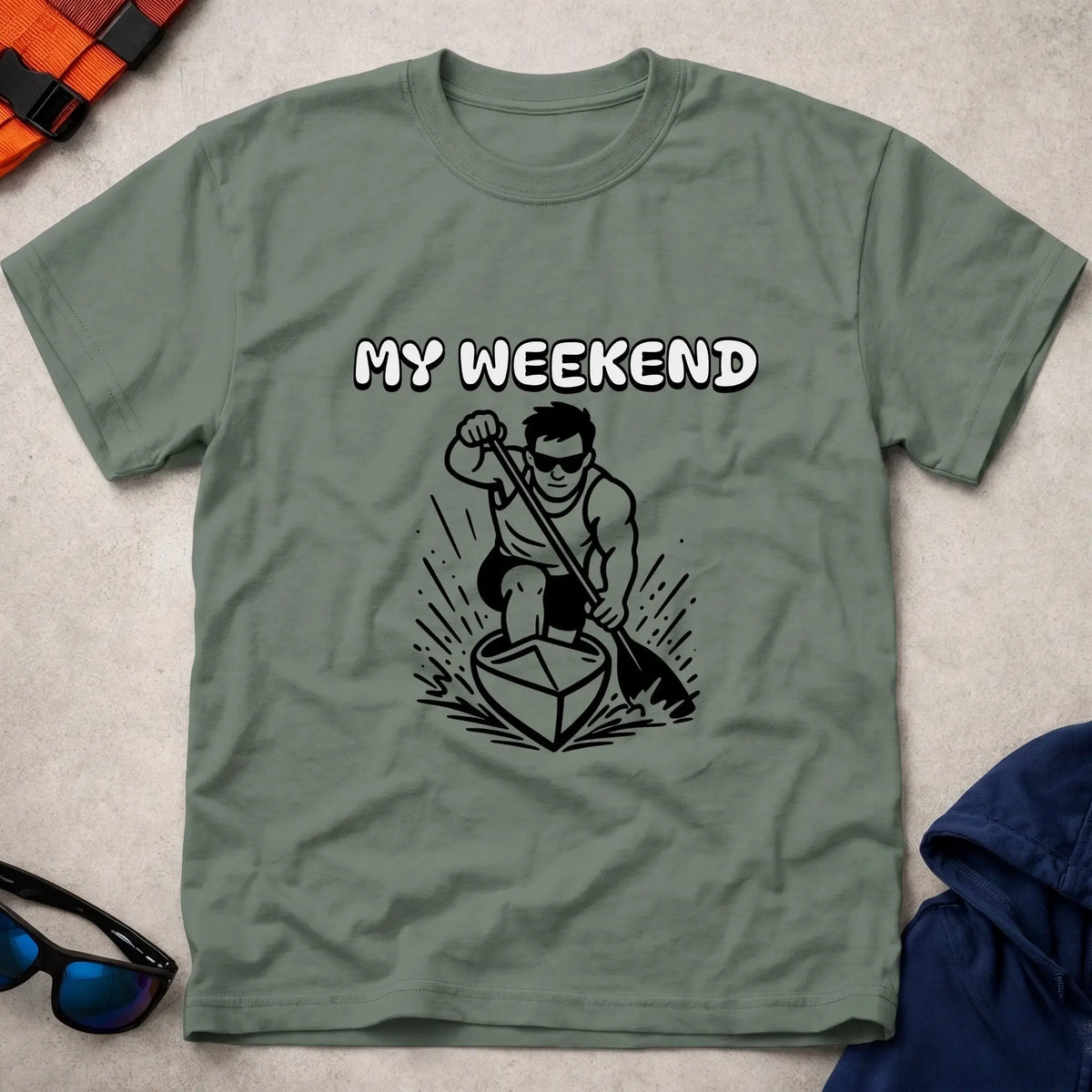 My Weekend C1 tee in Military Green — cartoon C1 sprint canoeist with 'My Weekend' lettering — Vector Paddle
