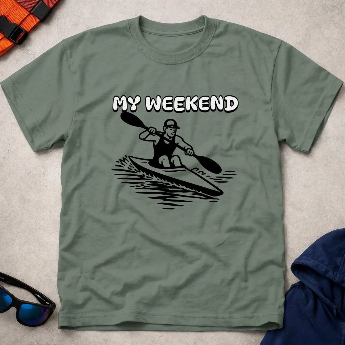 My Weekend K1 Sprint tee in Military Green — cartoon K1 sprint kayaker with 'My Weekend' lettering — Vector Paddle