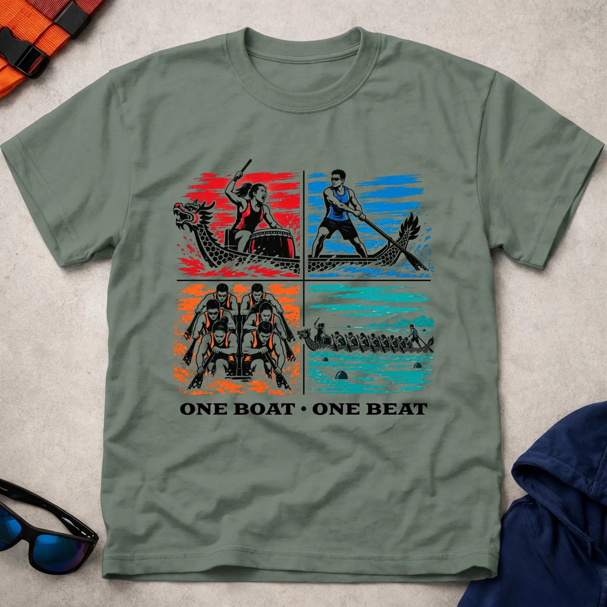 One Boat, One Beat tee in Military Green — four-panel dragon boat design with drummer, steerer, engine room and full crew — Vector Paddle