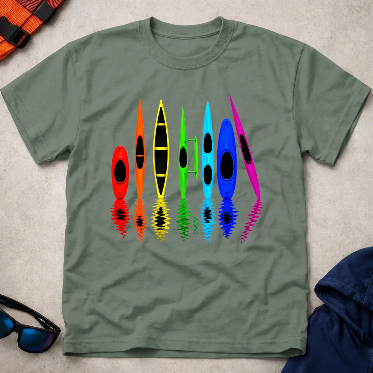 All The Boats tee in Military Green — kayak, canoe and outrigger fleet — Vector Paddle