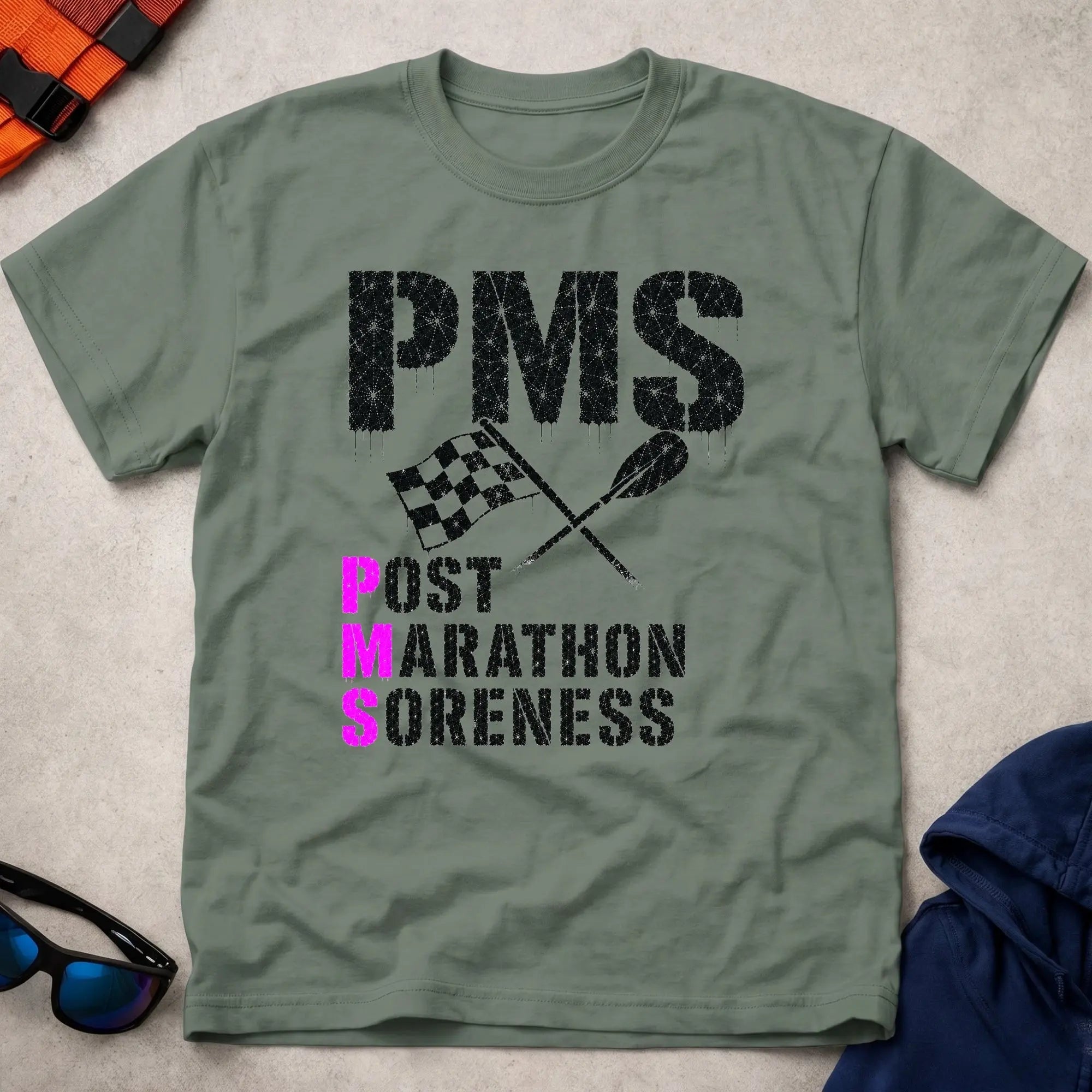 Military Green P.M.S. tee — Post Marathon Soreness gift — Vector Paddle