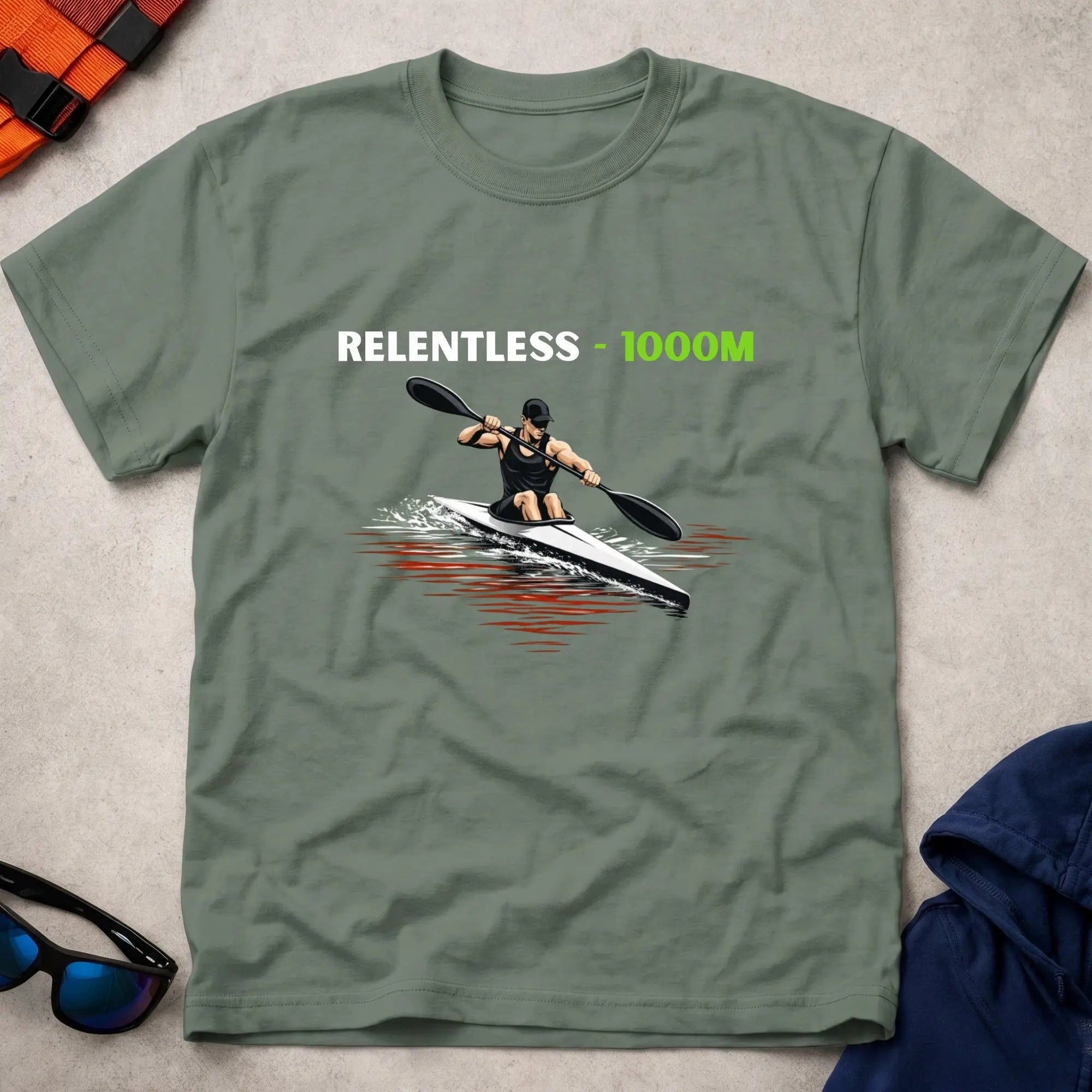 Military green Relentless 1000m Apex tee for kayak sprint paddlers