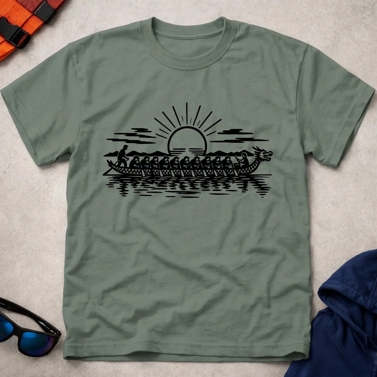 Dawn Crew tee in Military Green — dragon boat crew paddling at sunrise — Vector Paddle