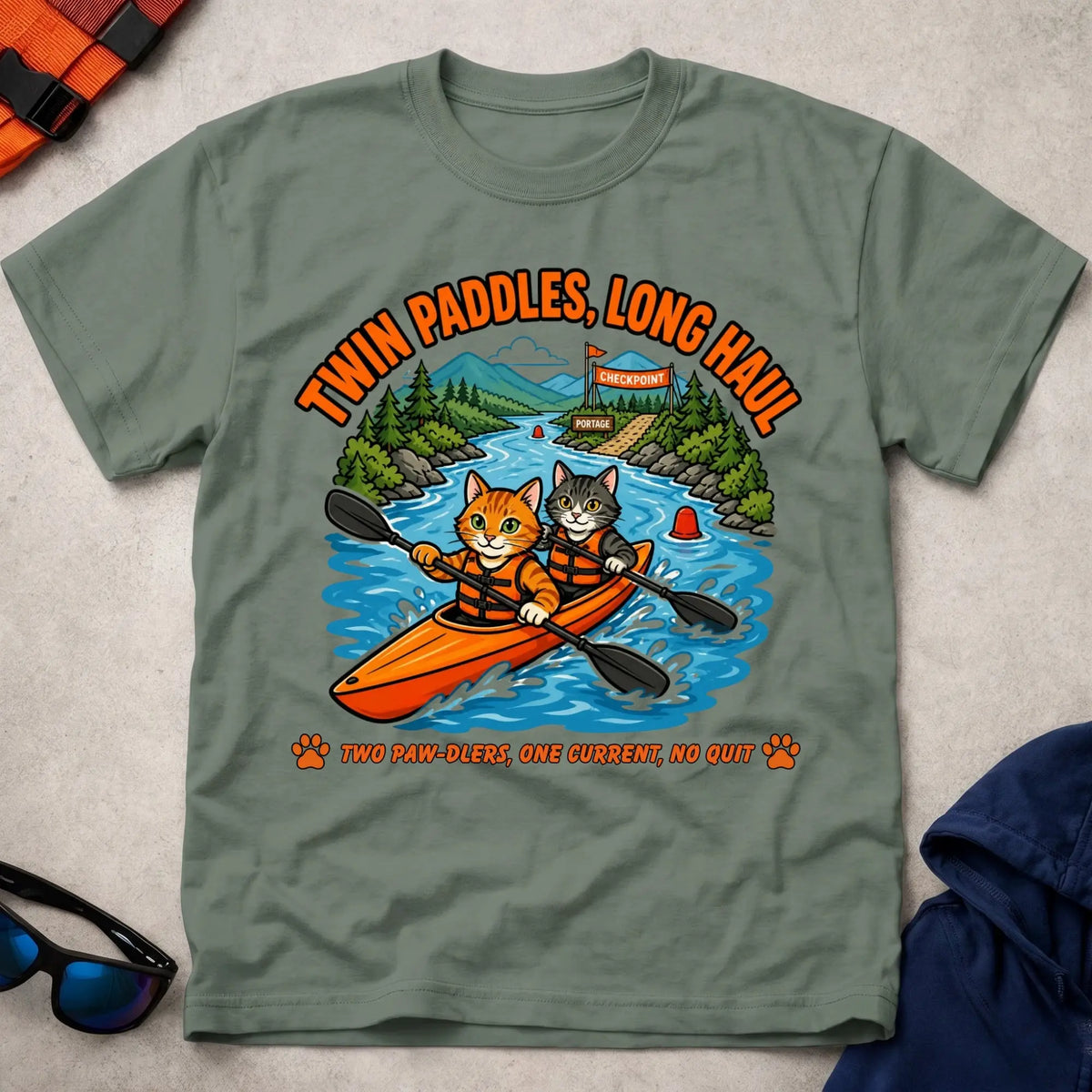 Military Green Twin Paddles, Long Haul tee — K2 marathon kayak gift — Vector Paddle