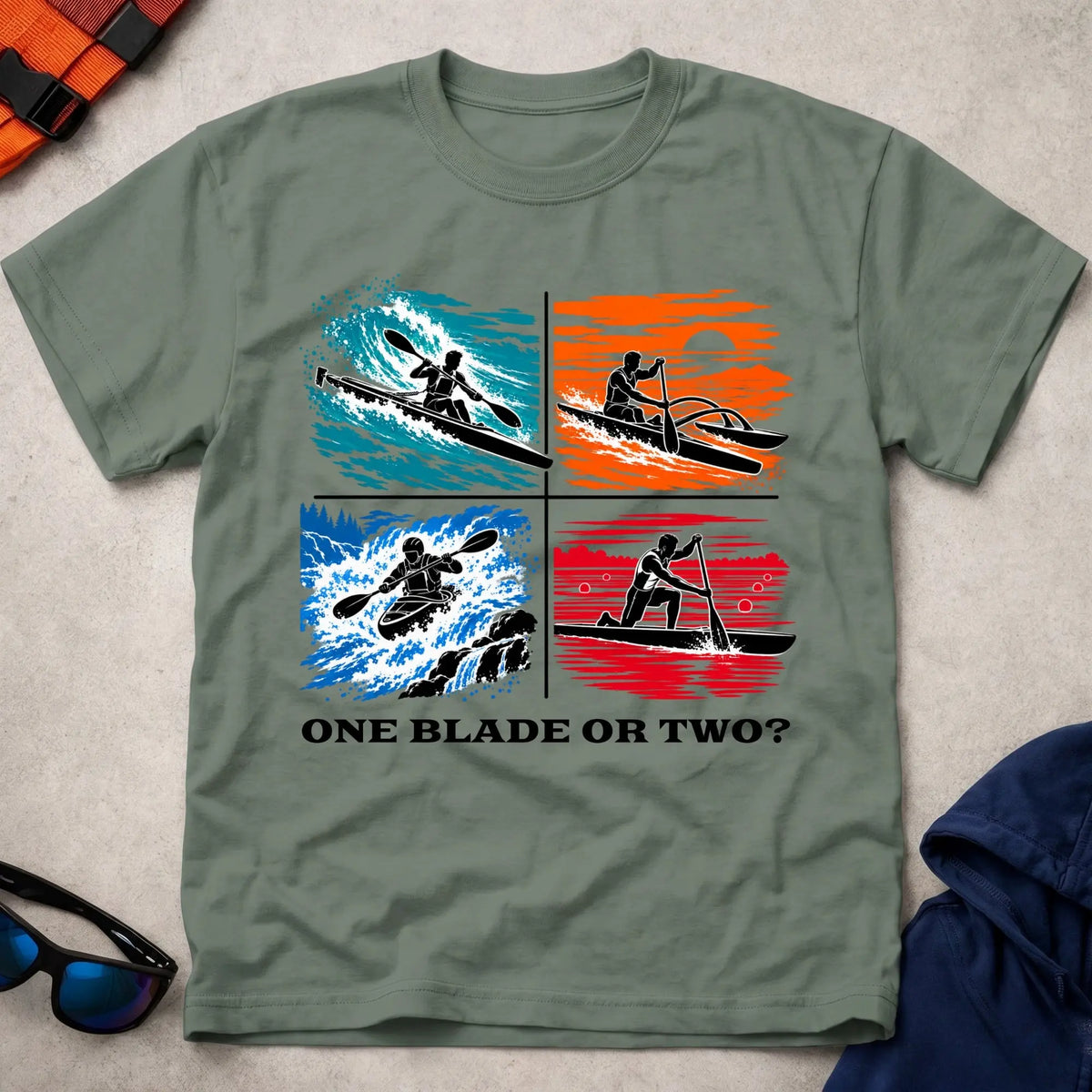 One Blade Or Two tee in Military Green — four-panel design with surfski, OC1 outrigger, whitewater kayak and C1 canoe — Vector Paddle
