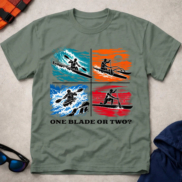 One Blade Or Two tee in Military Green — four-panel design with surfski, OC1 outrigger, whitewater kayak and C1 canoe — Vector Paddle