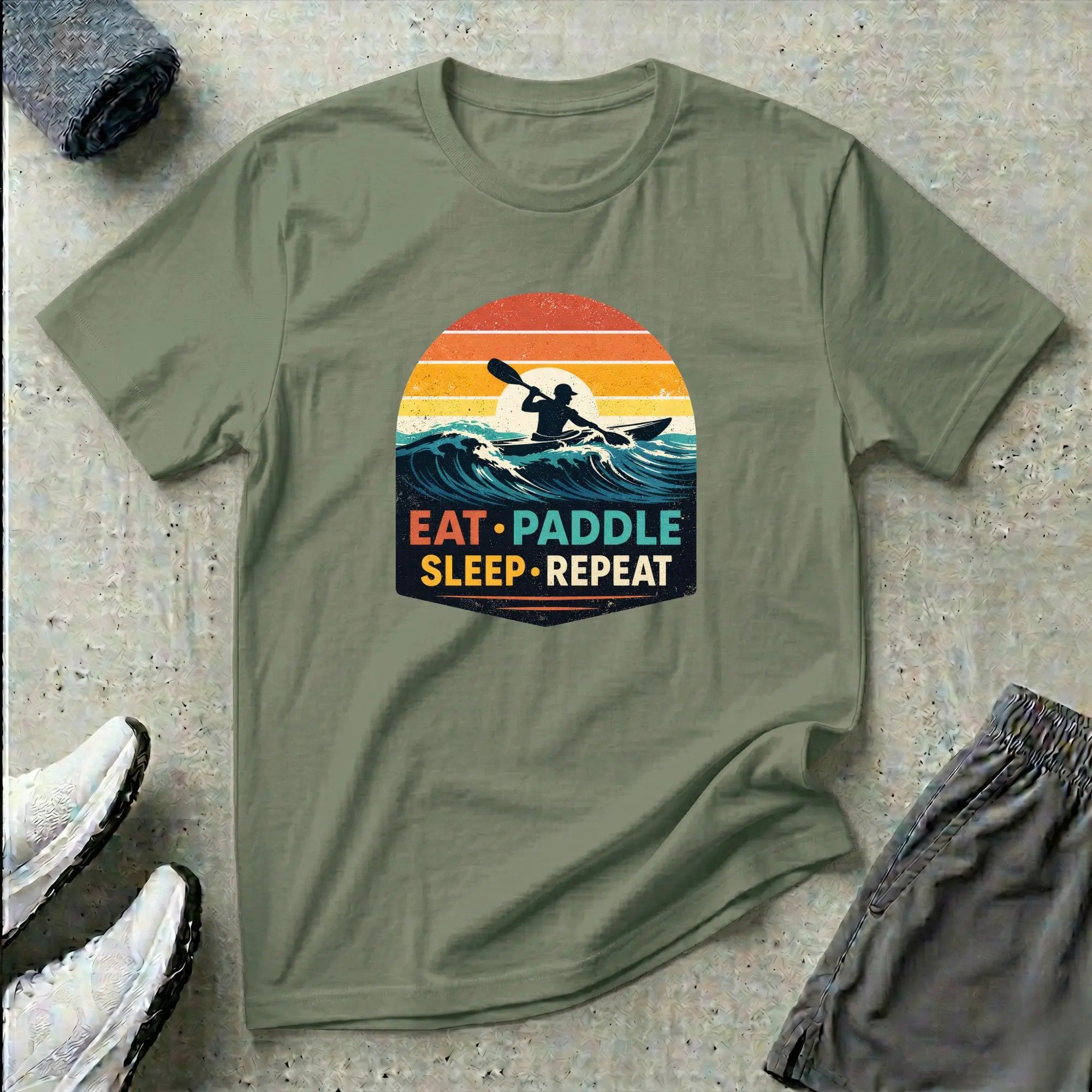 Eat Paddle Sleep Repeat. Ocean Kayak retro colour sunset T-Shirt Printify