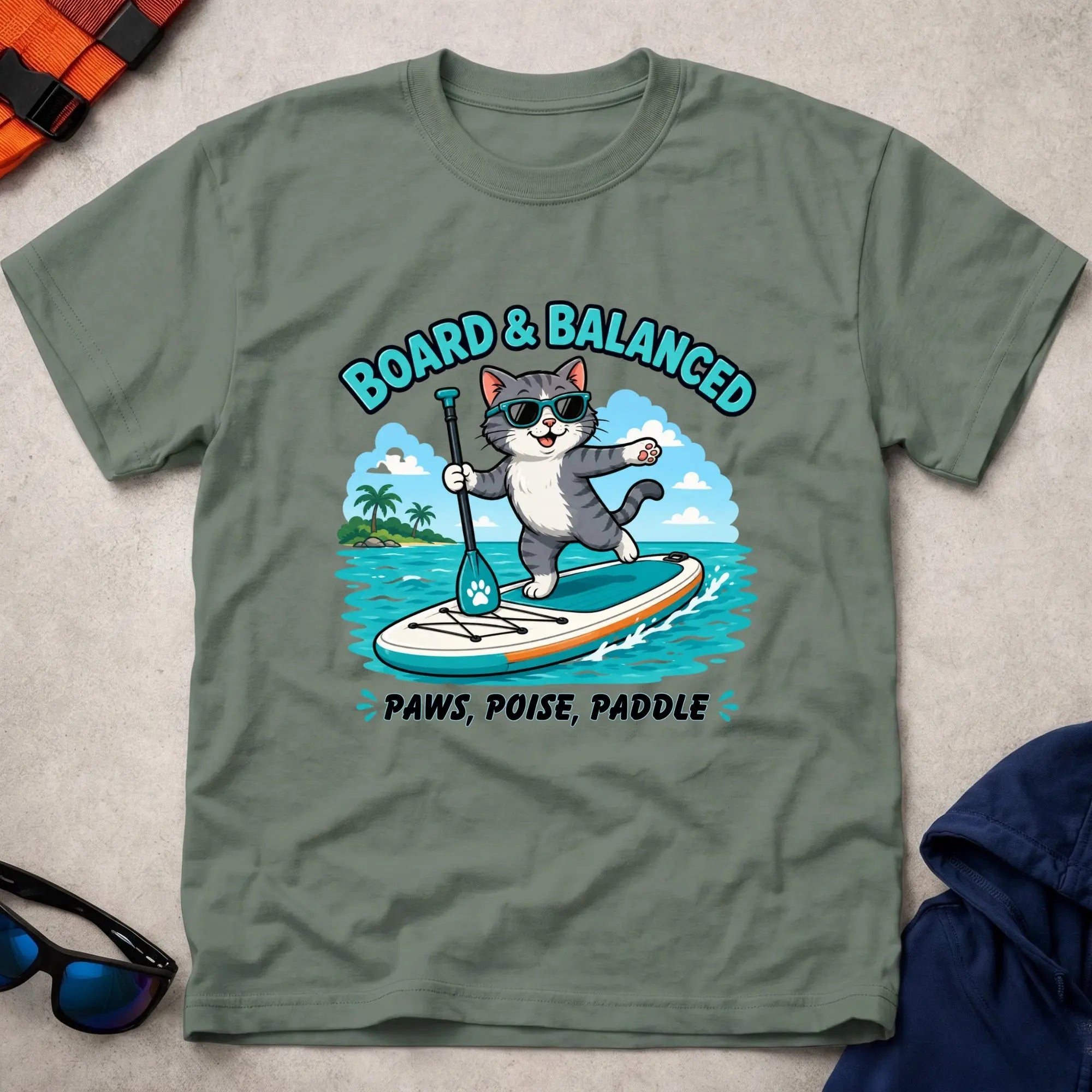 Military Green Bored & Balanced tee — SUP cat-lover gift — Vector Paddle