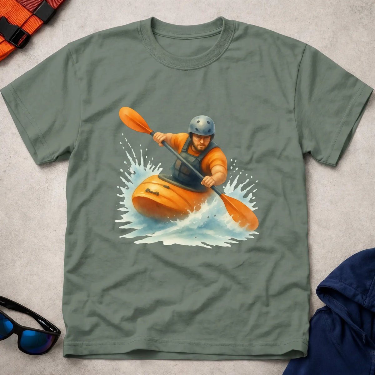 Read The River tee in Military Green — watercolour whitewater kayaker in rapids — Vector Paddle