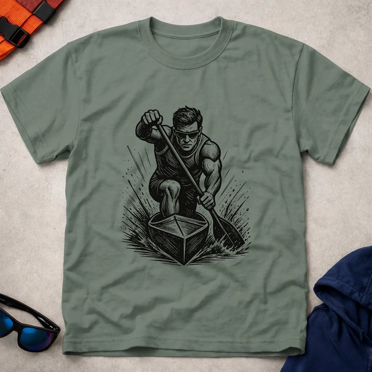 One Knee, One Blade tee in Military Green — woodcut C1 sprint canoeist in full drive — Vector Paddle