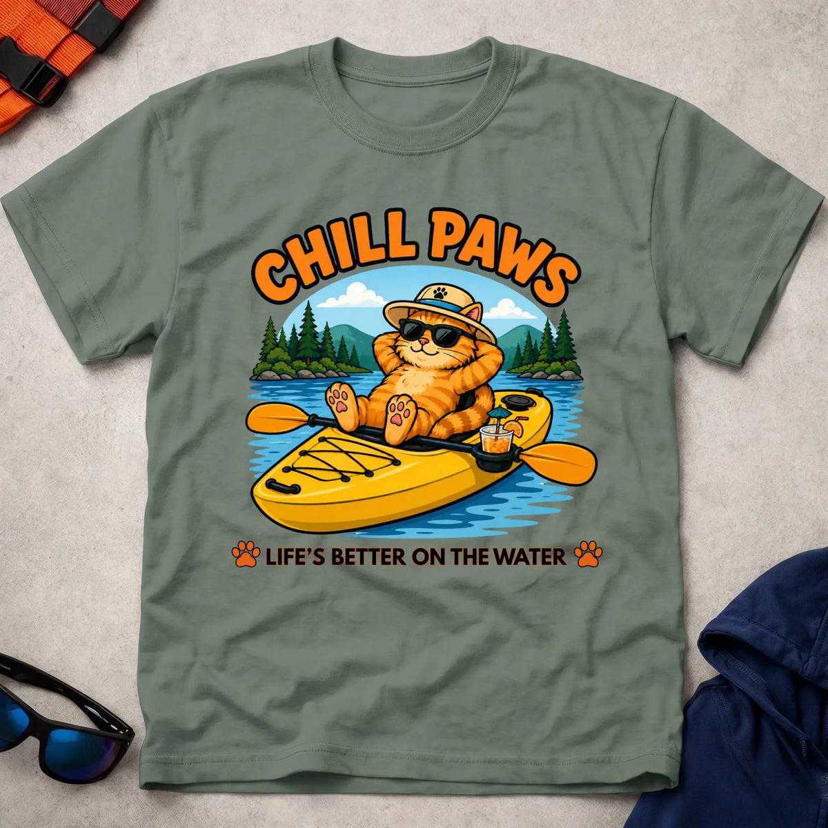 Military Green Chill Paws tee — calm-under-pressure paddling gift — Vector Paddle