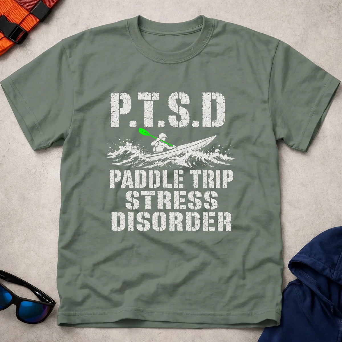 Military Green P.T.S.D. tee — Paddle Trip Stress Disorder gift — Vector Paddle