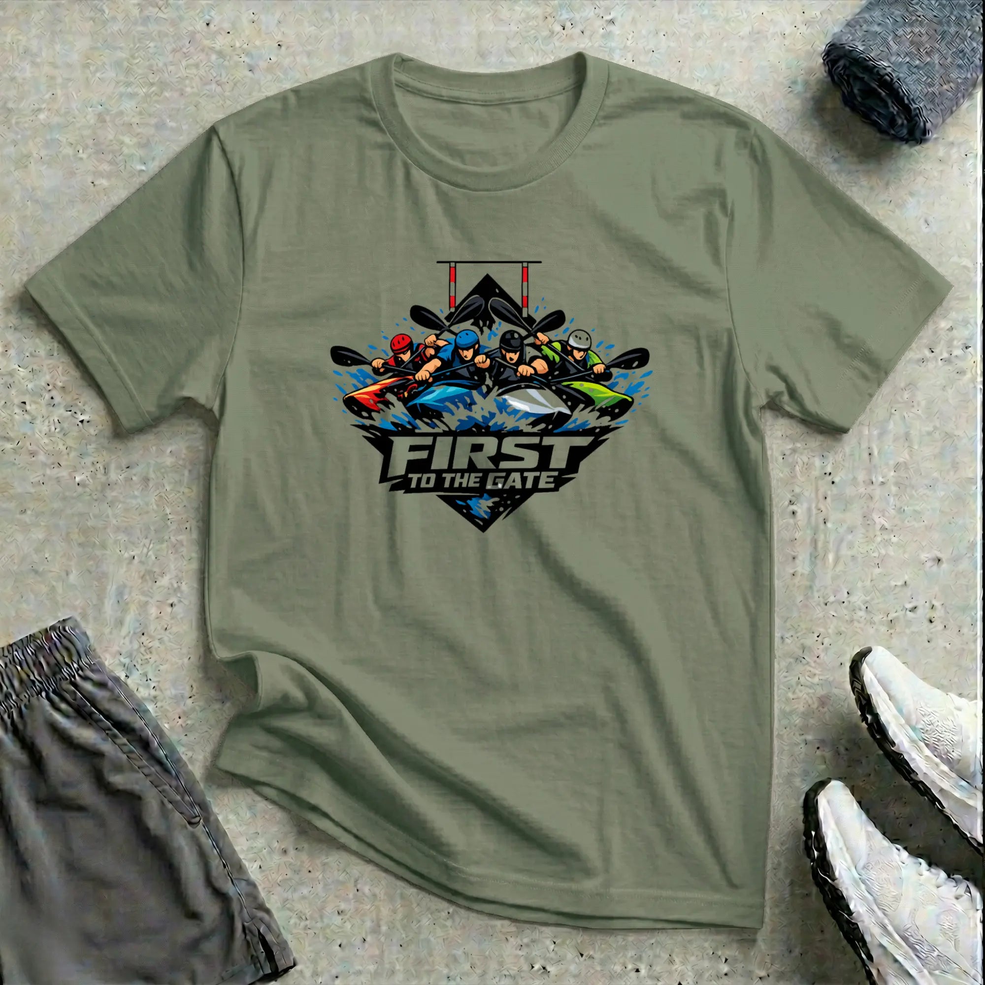 First To The Gate. Kayak Cross T-Shirt Printify
