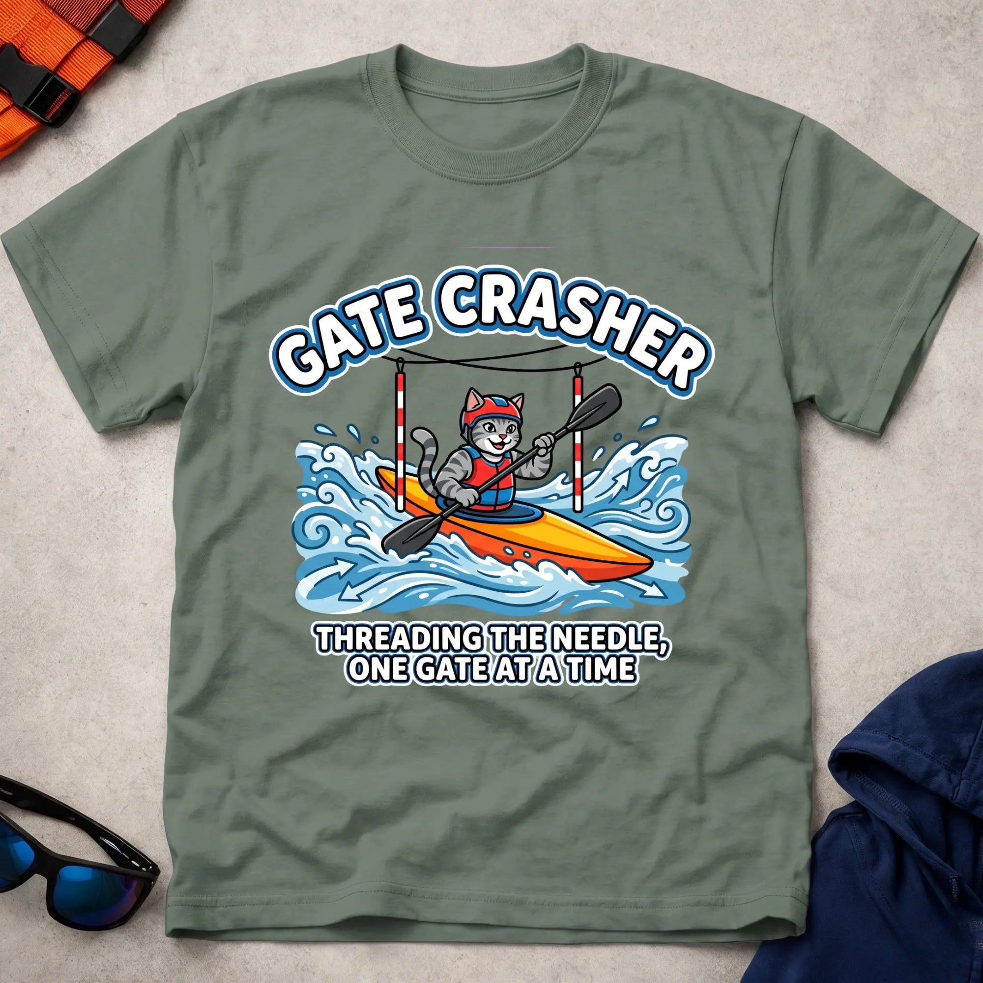Military Green Gate Crasher tee — slalom gate paddling gift — Vector Paddle