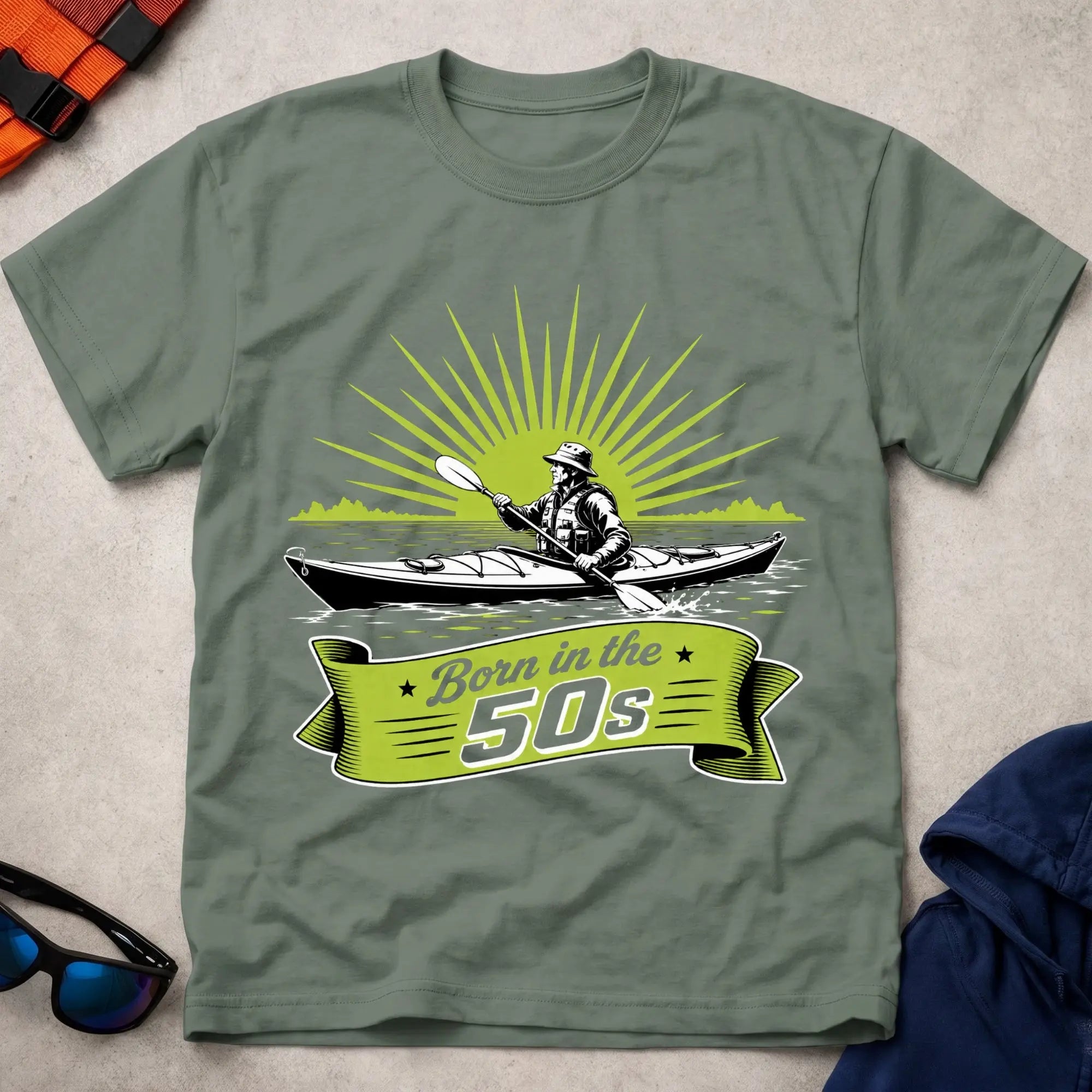 Born In The 50s – Sunrise Edition kayaker illustration tee in Military Green | Vector Paddle