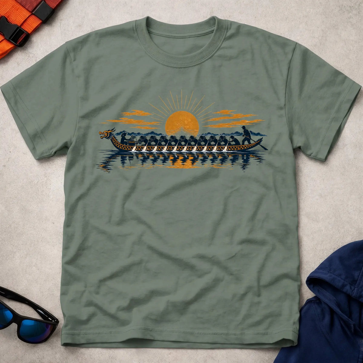 Golden Hour Dragon tee in Military Green — navy and gold dragon boat crew at sunset — Vector Paddle