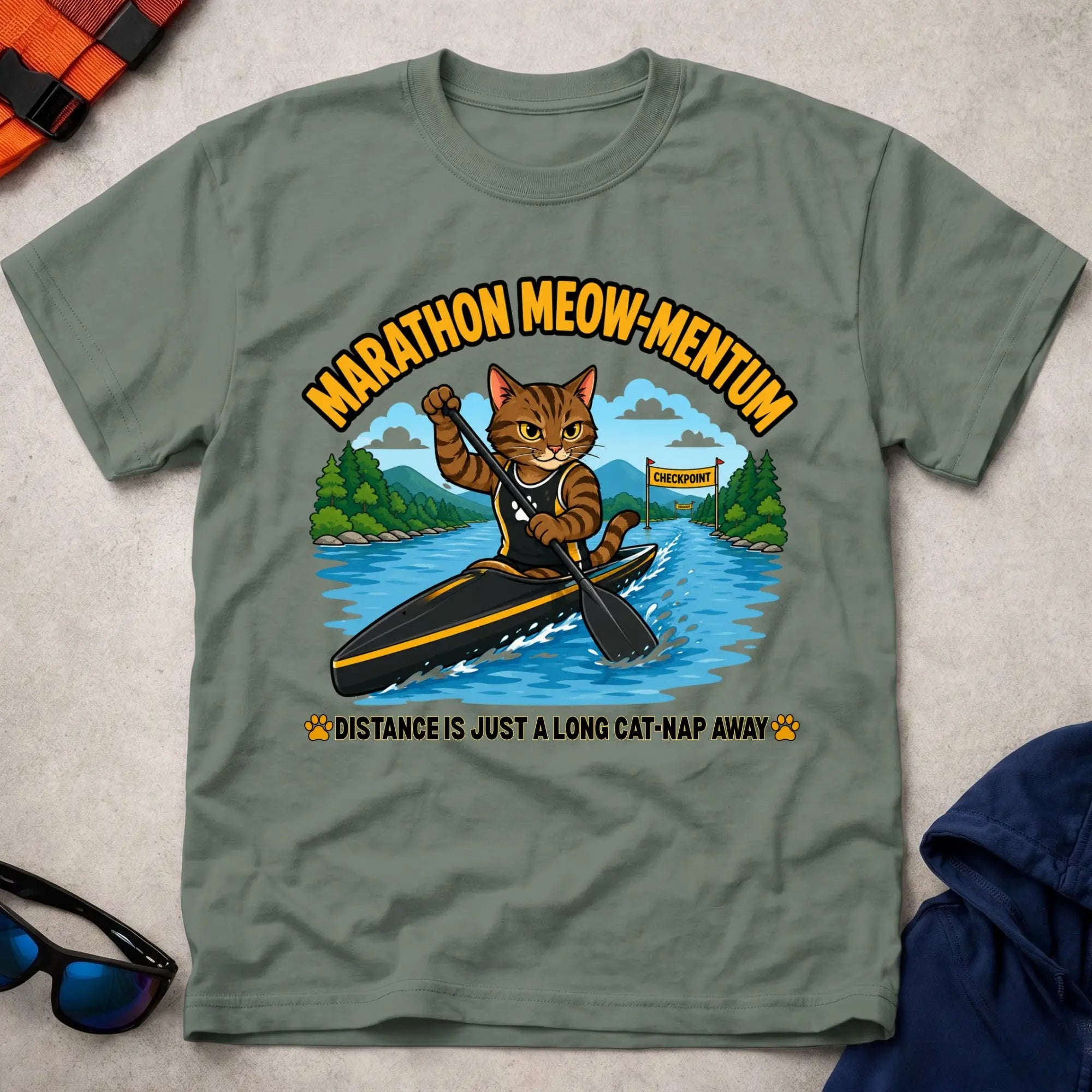 Military Green Marathon Meow-mentum tee — marathon paddling cat-lover gift — Vector Paddle