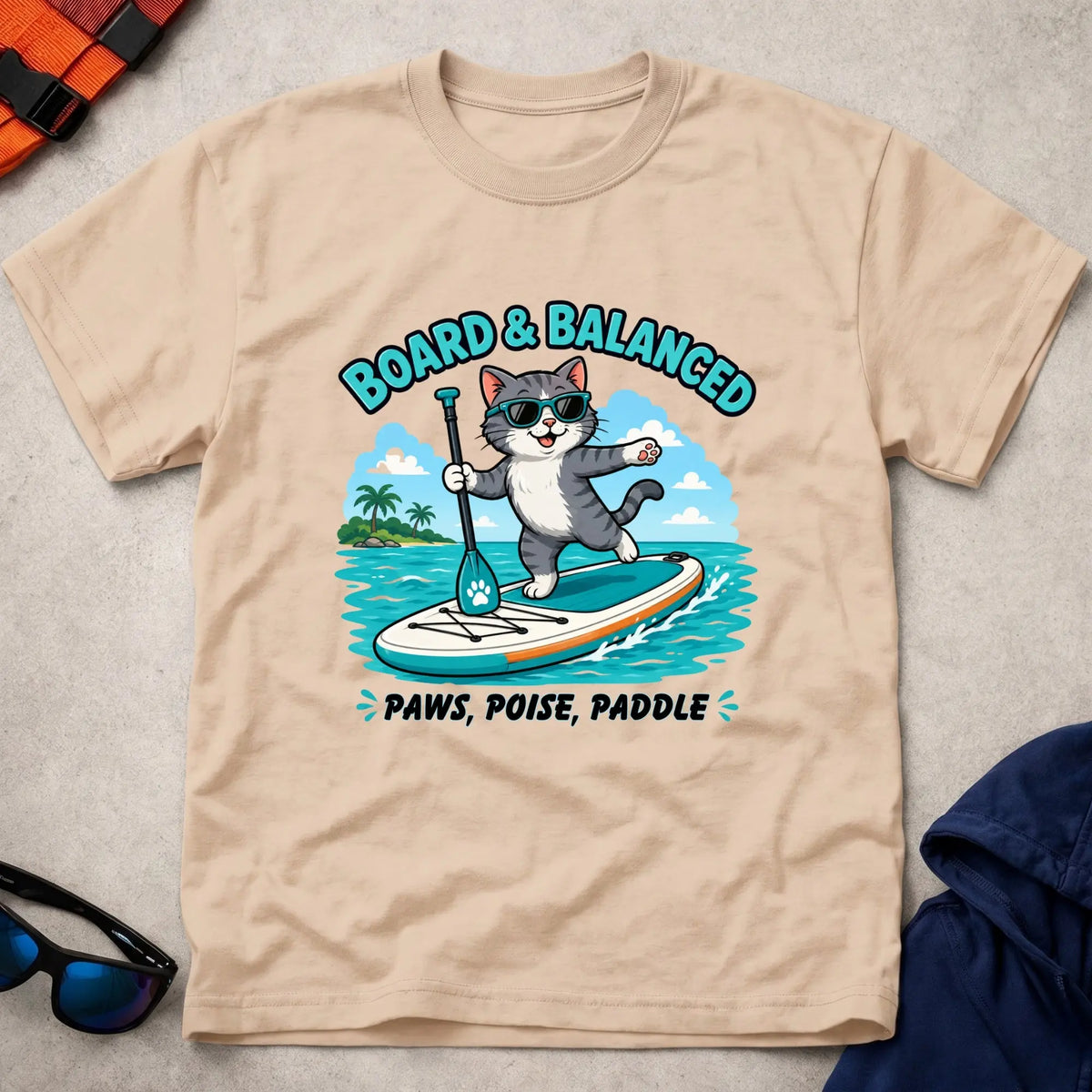 Natural Bored & Balanced tee — SUP cat-lover gift — Vector Paddle