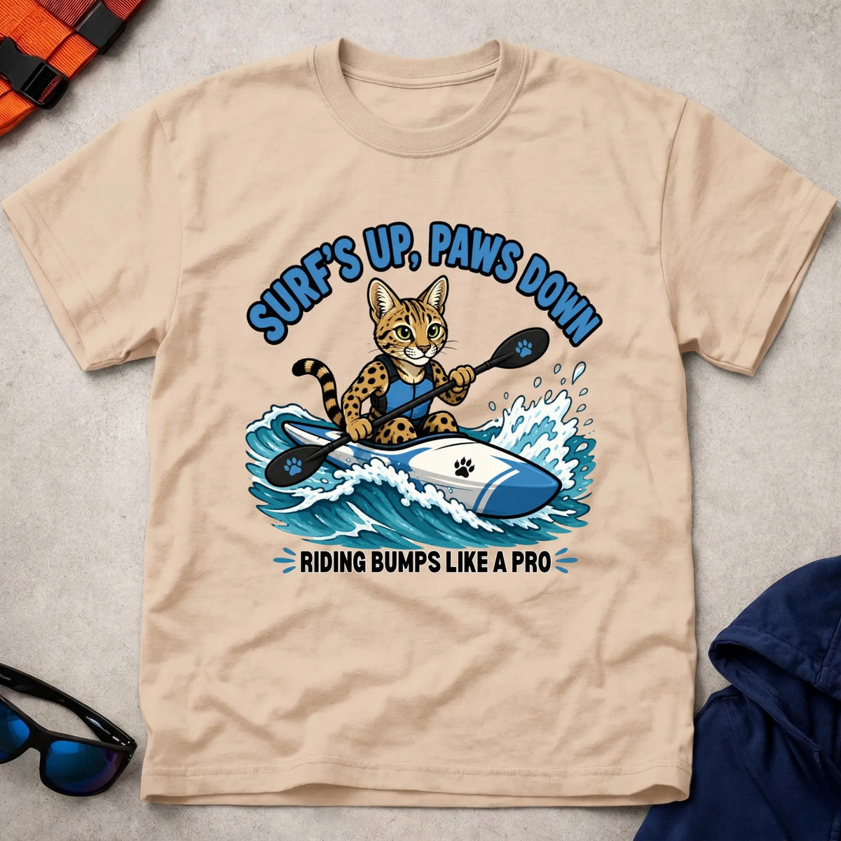 Natural Surfs Up, Paws Down tee — open-water paddling gift — Vector Paddle