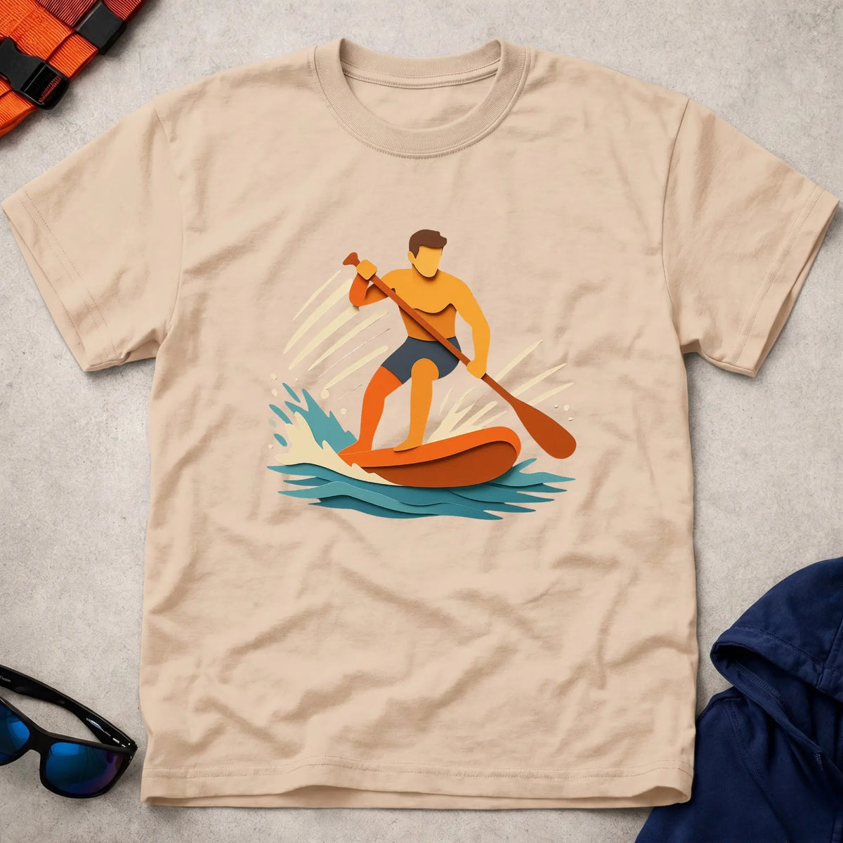 Cut Through tee in Natural — paper-cut stand-up paddleboarder in orange and teal — Vector Paddle