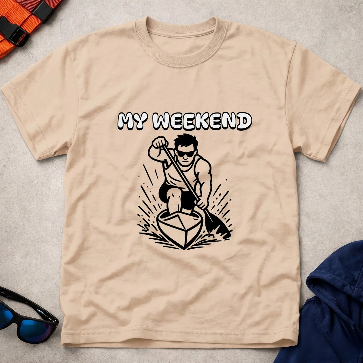 My Weekend C1 tee in Natural — cartoon C1 sprint canoeist with 'My Weekend' lettering — Vector Paddle