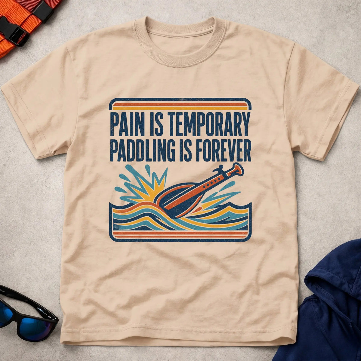 Paddling Is Forever tee in Natural — retro 'Pain Is Temporary' paddle and waves design — Vector Paddle