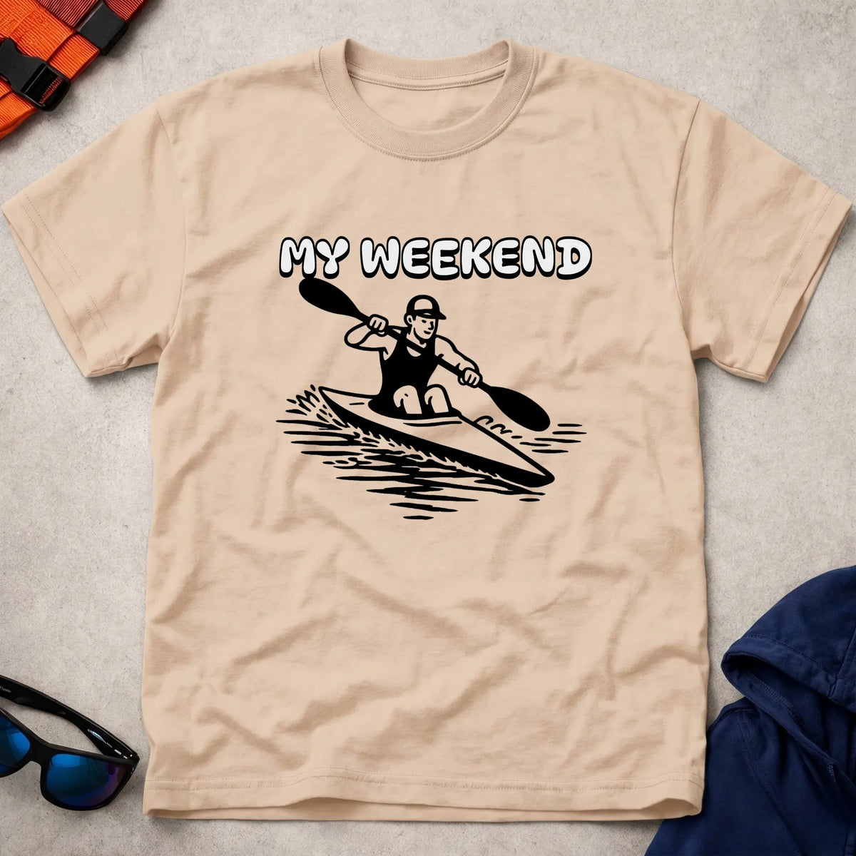 My Weekend K1 Sprint tee in Natural — cartoon K1 sprint kayaker with 'My Weekend' lettering — Vector Paddle