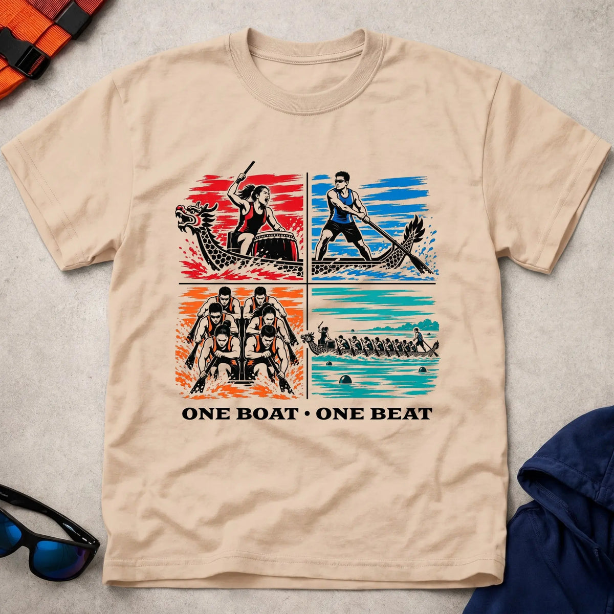 One Boat, One Beat tee in Natural — four-panel dragon boat design with drummer, steerer, engine room and full crew — Vector Paddle