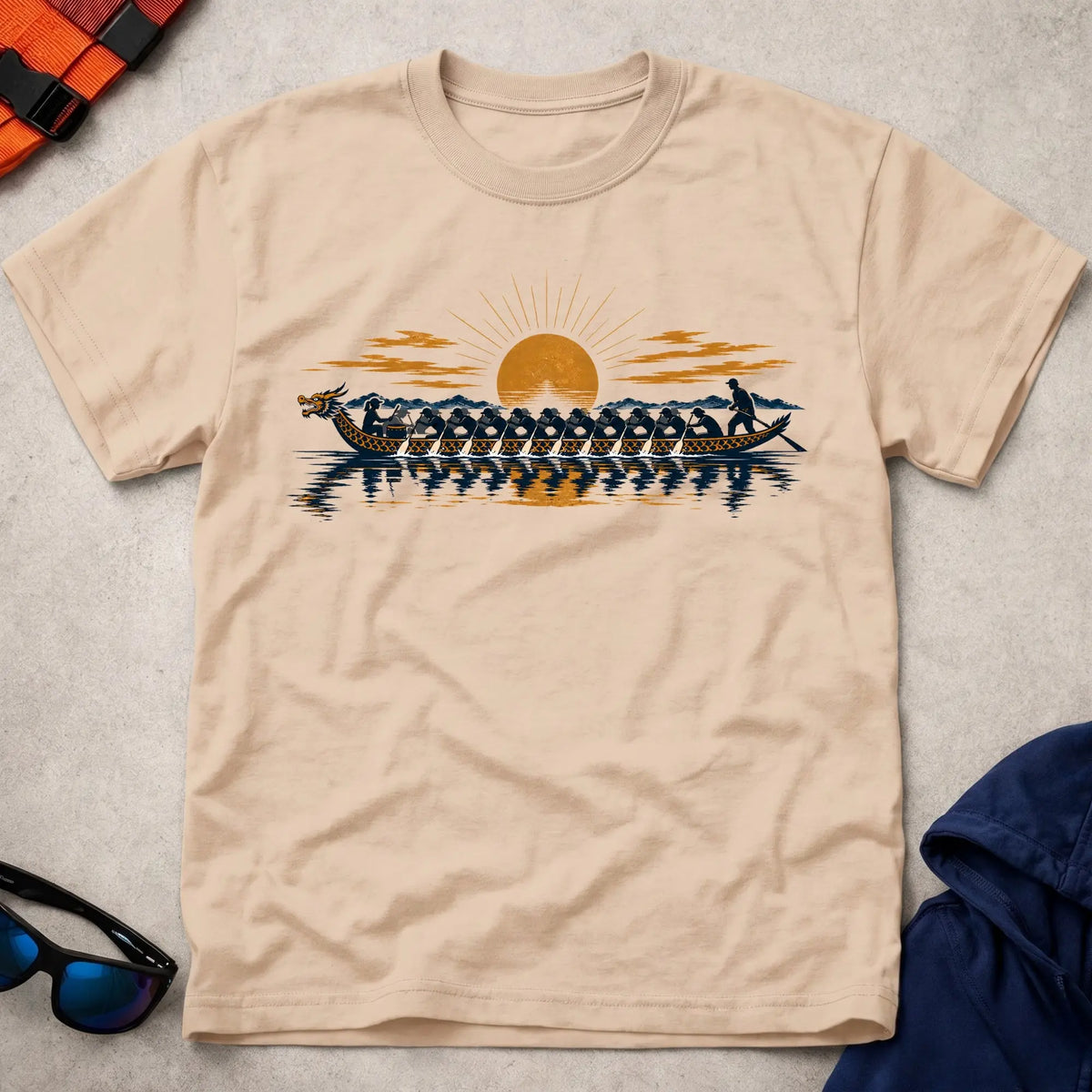 Golden Hour Dragon tee in Natural — navy and gold dragon boat crew at sunset — Vector Paddle