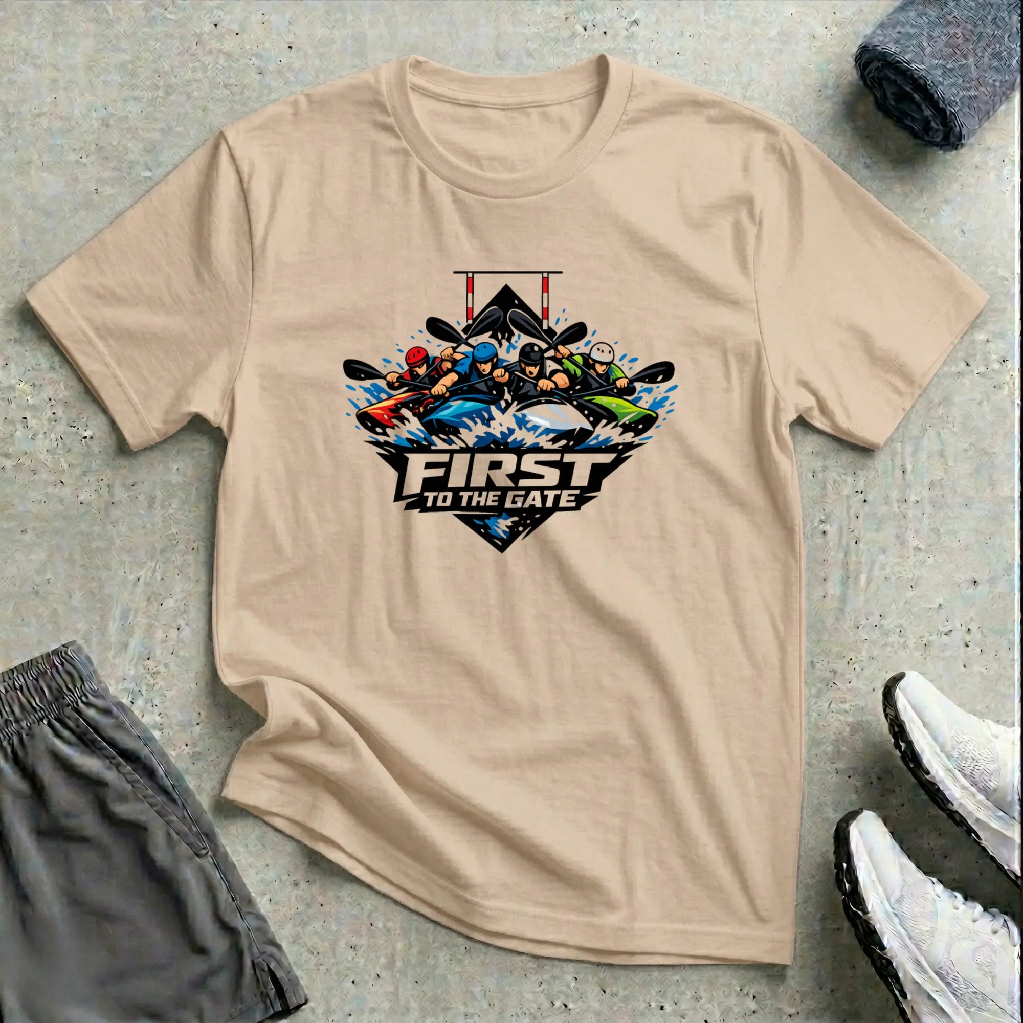 First To The Gate. Kayak Cross T-Shirt Printify