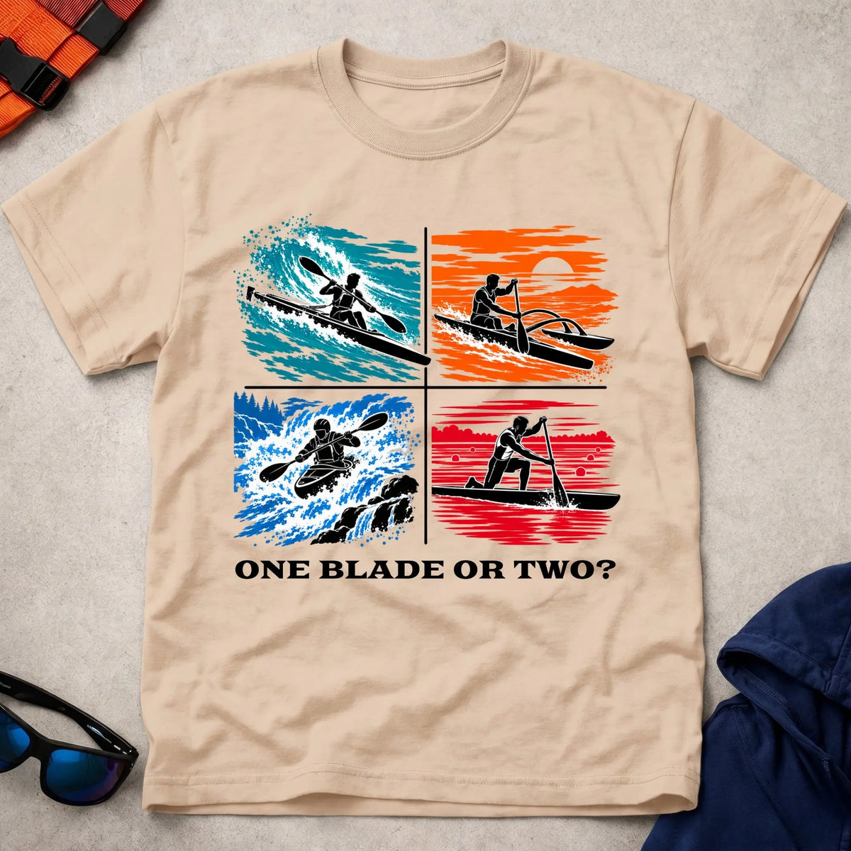 One Blade Or Two tee in Natural — four-panel design with surfski, OC1 outrigger, whitewater kayak and C1 canoe — Vector Paddle