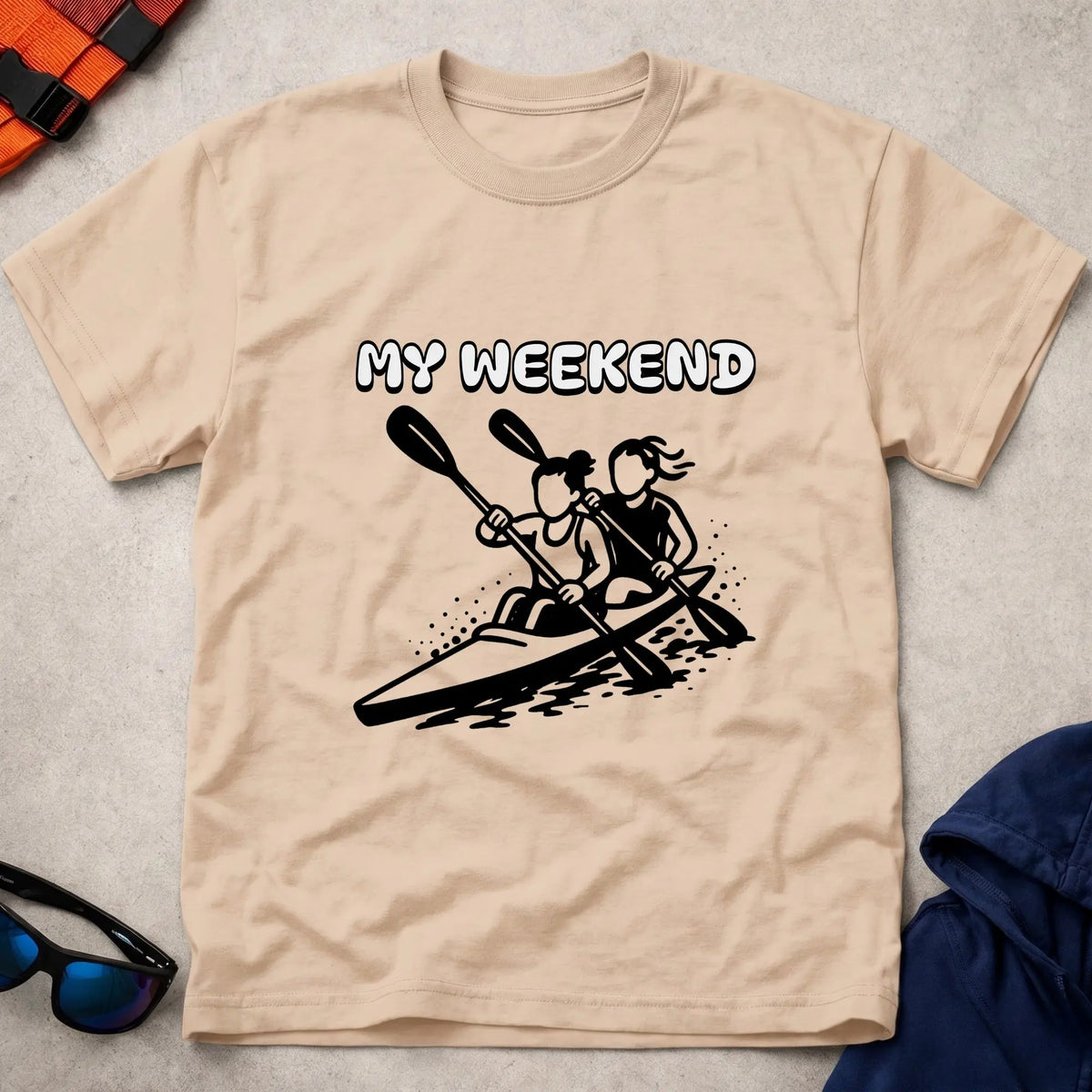 My Weekend K2 tee in Natural — cartoon K2 kayak crew with 'My Weekend' lettering — Vector Paddle
