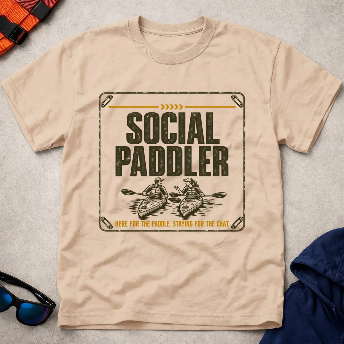 Social Paddler tee in Natural — vintage two-kayak social paddling graphic — Vector Paddle