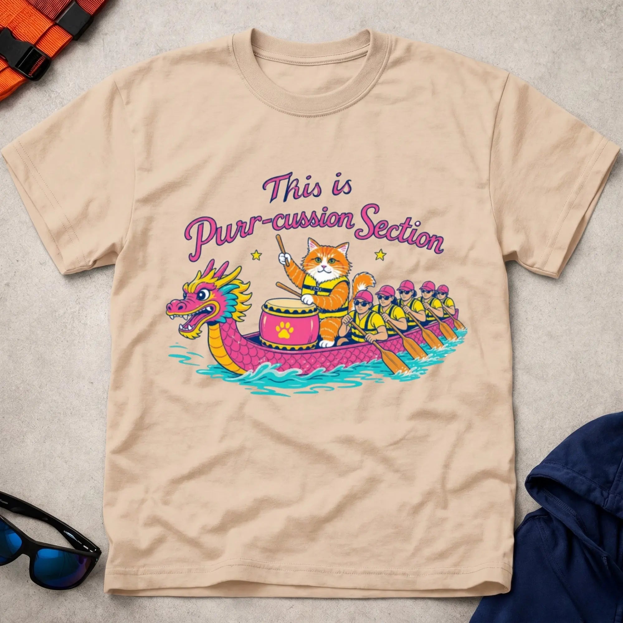 Natural Purr-cussion Section dragon boat drummer cat tee — Vector Paddle