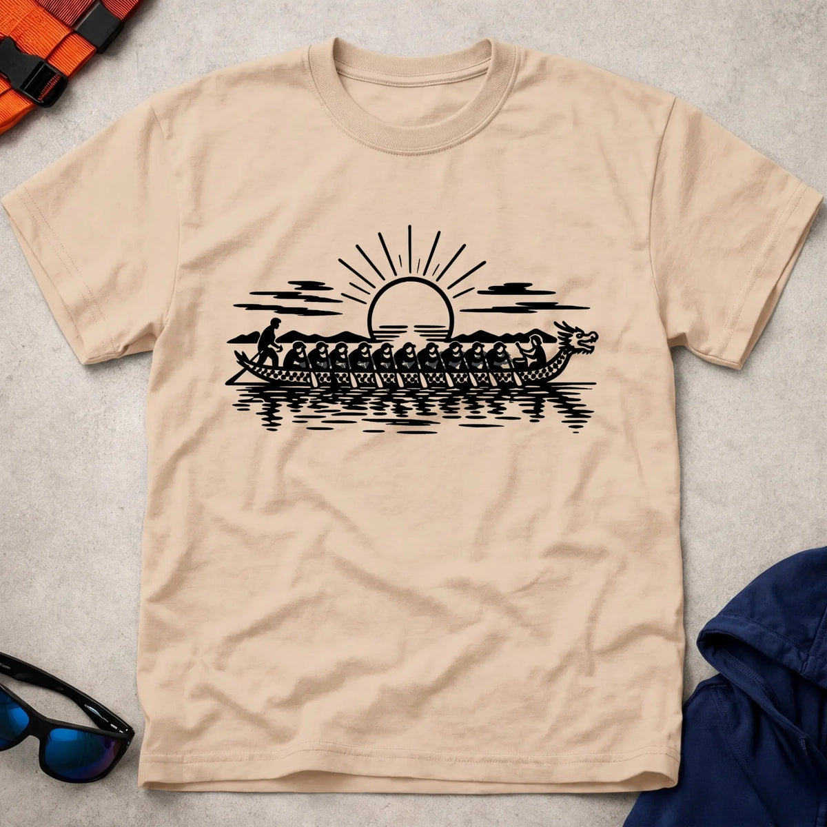 Dawn Crew tee in Natural — dragon boat crew paddling at sunrise — Vector Paddle