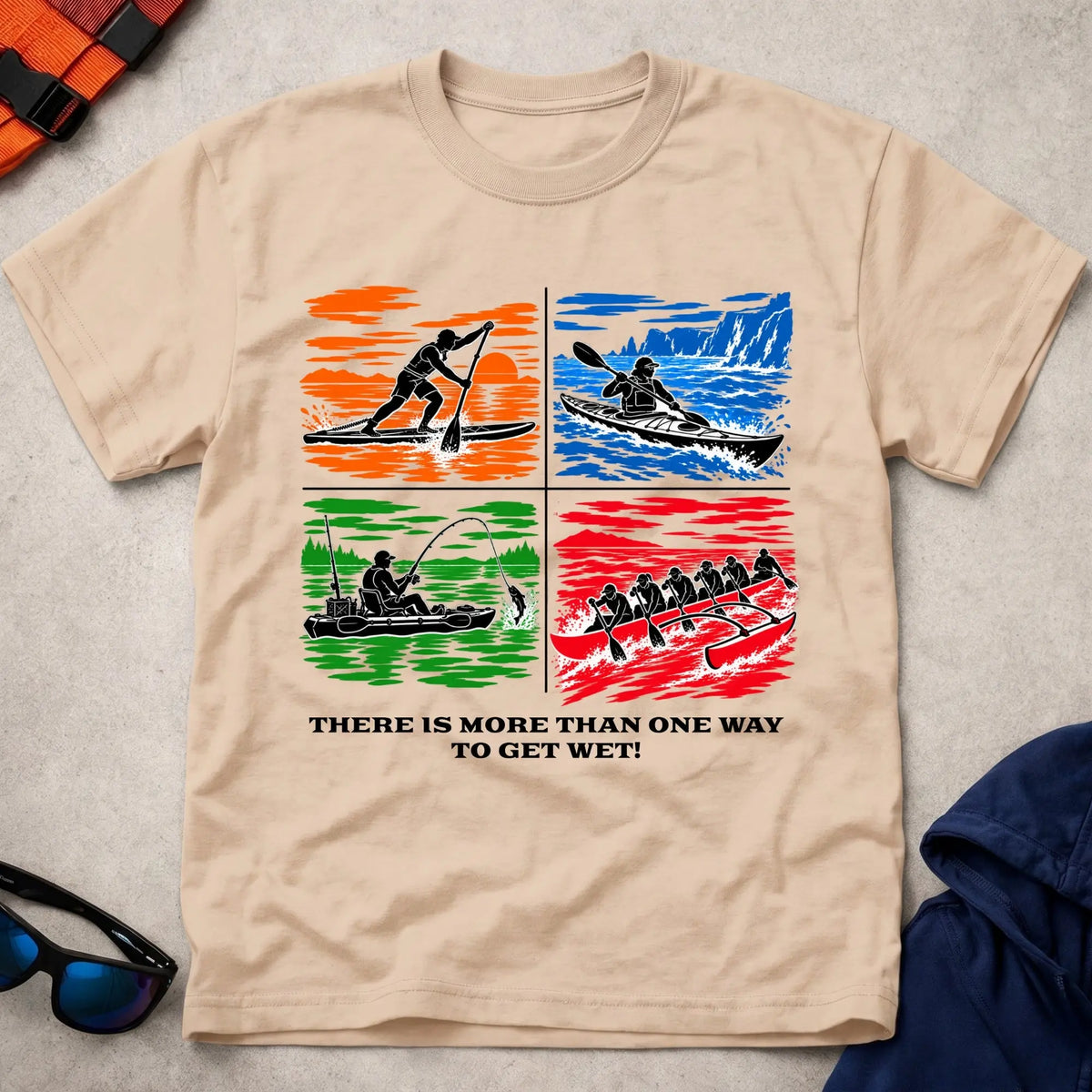 More Than One Way tee in Natural — four-panel design with SUP, sea kayak, kayak fishing and OC6 outrigger — Vector Paddle