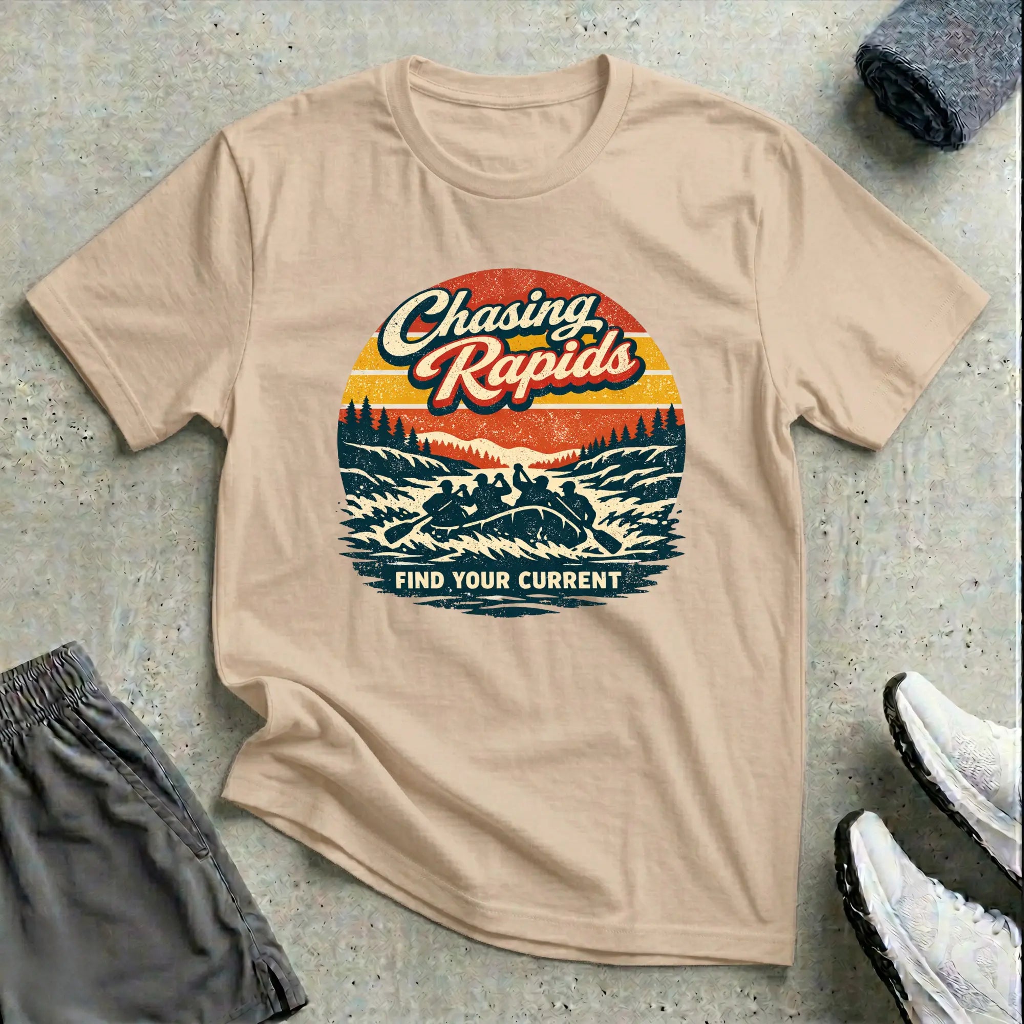 Chasing Rapids - Retro. Rafting T-Shirt Relaxing Printify