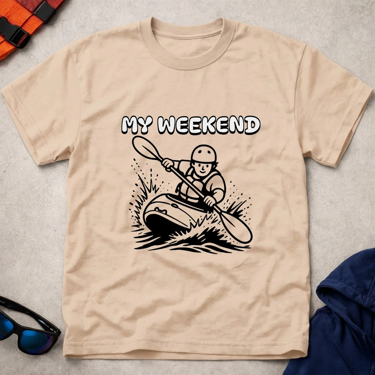 My Weekend Whitewater tee in Natural — cartoon whitewater kayaker with 'My Weekend' lettering — Vector Paddle