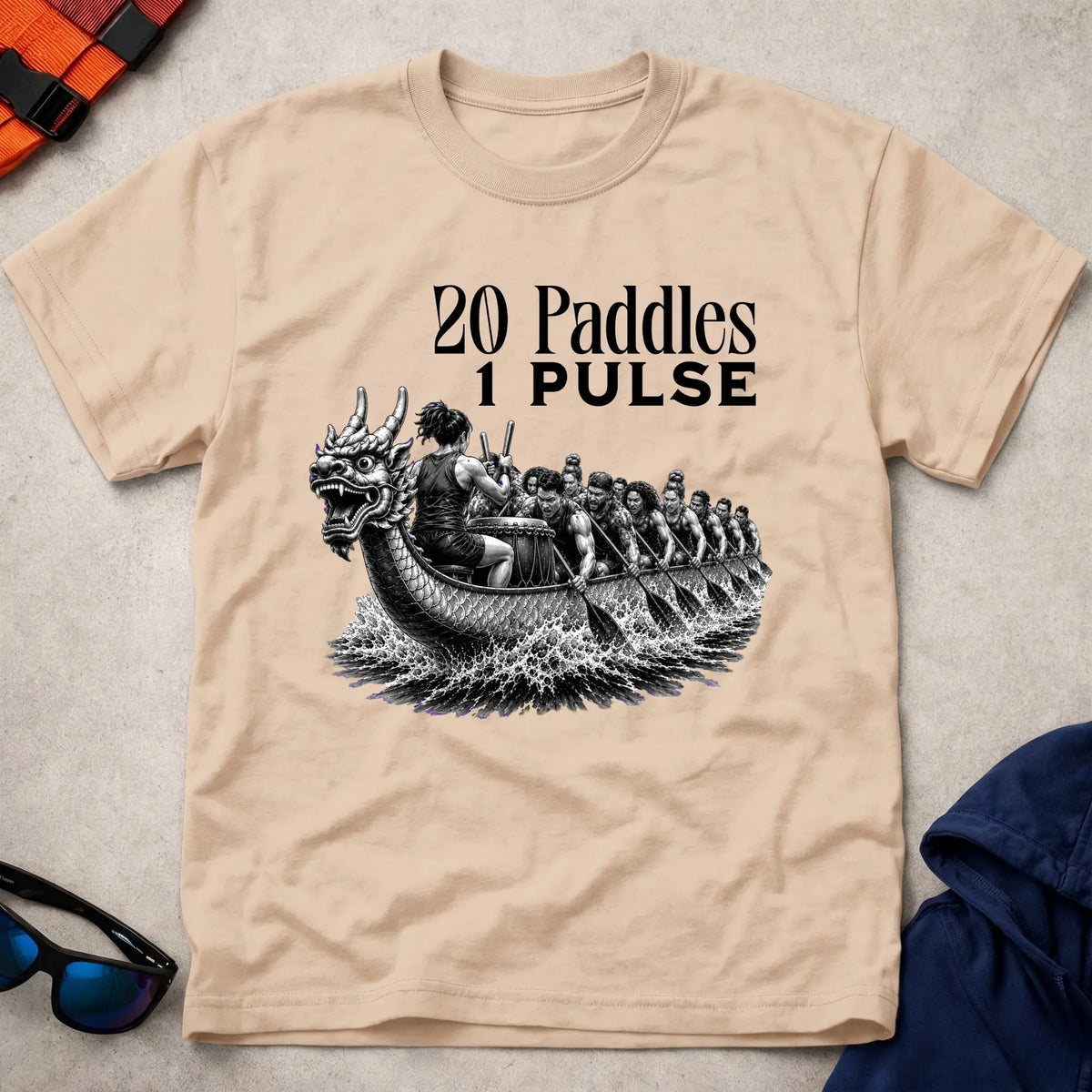 20 Paddles 1 Pulse tee in Natural — engraved-style dragon boat racing graphic — Vector Paddle