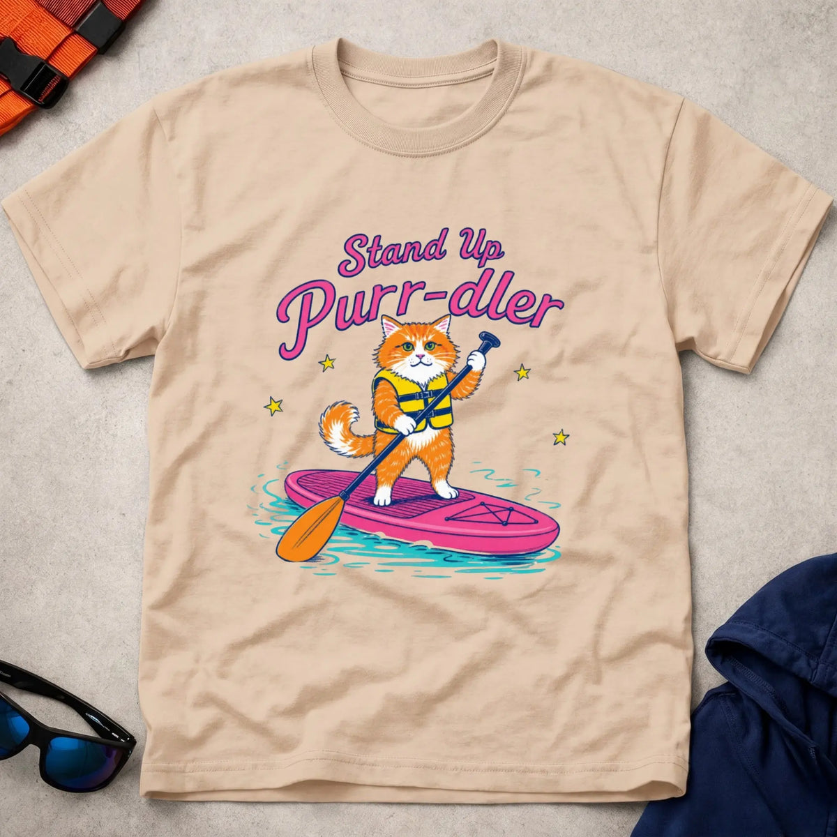 Natural Stand Up Purr-dler cat SUP paddling tee — Vector Paddle