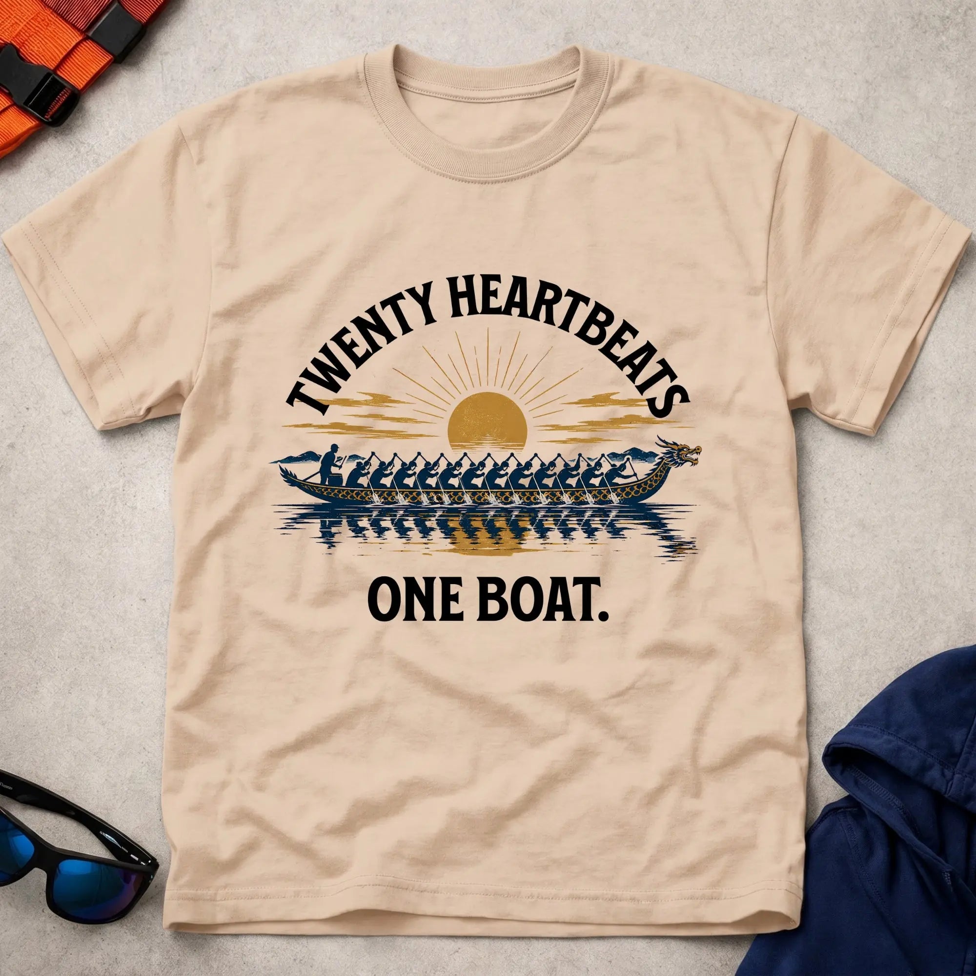 Natural Twenty Heartbeats One Boat dragon boat tee — full-crew unity gift — Vector Paddle