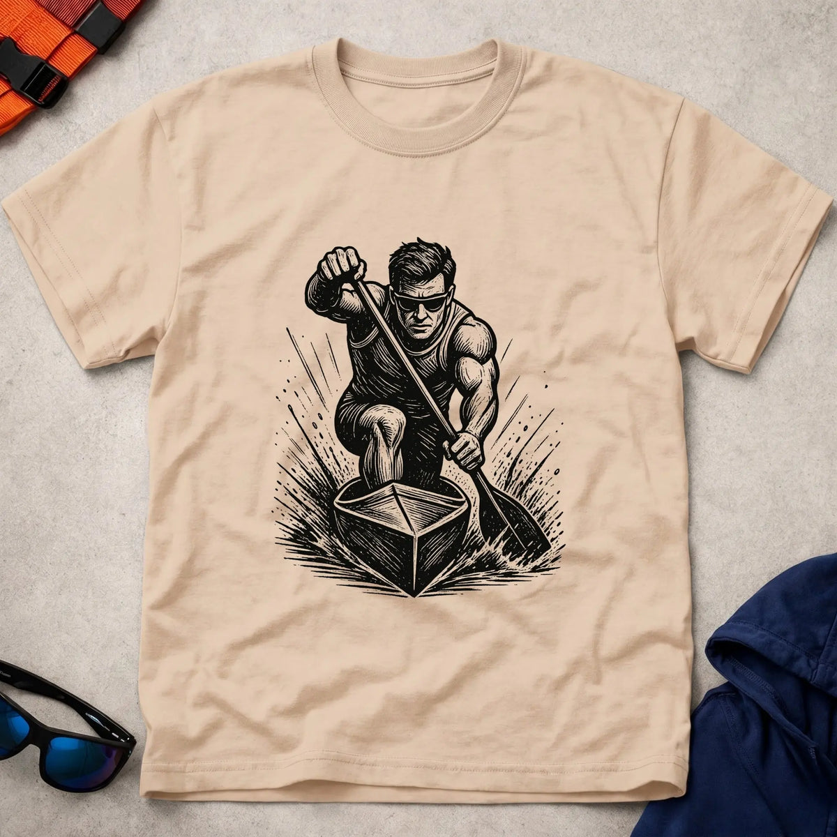 One Knee, One Blade tee in Natural — woodcut C1 sprint canoeist in full drive — Vector Paddle