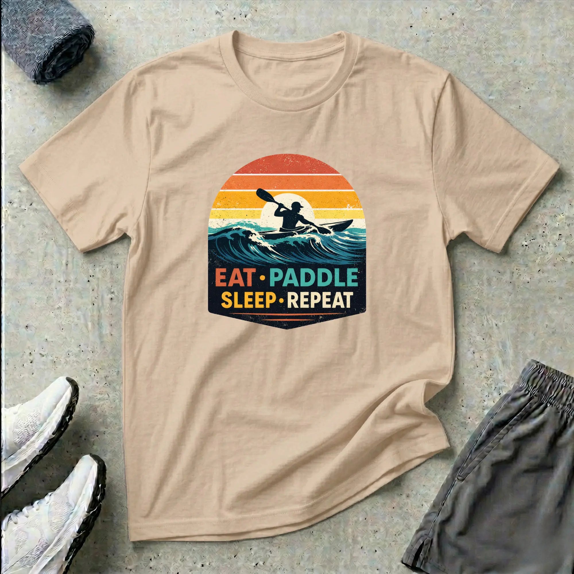 Eat Paddle Sleep Repeat. Ocean Kayak retro colour sunset T-Shirt Printify