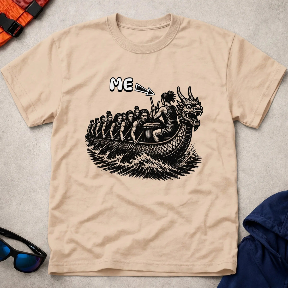 That's Me Drummer tee in Natural — woodcut dragon boat with 'ME' arrow on the drummer — Vector Paddle