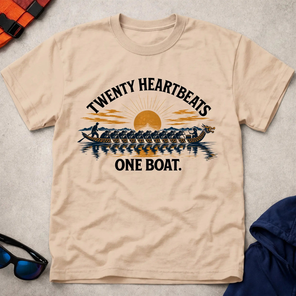 Twenty Heartbeats, One Boat unisex tee in Natural — dragon boat crew tee — Vector Paddle