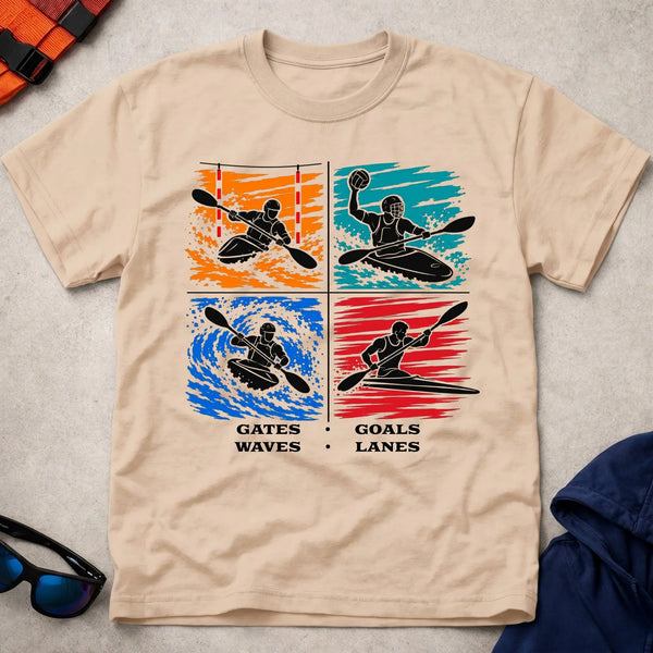 Gates, Goals, Waves, Lanes tee in Natural — four-panel kayak design with slalom, canoe polo, whitewater and sprint paddlers — Vector Paddle