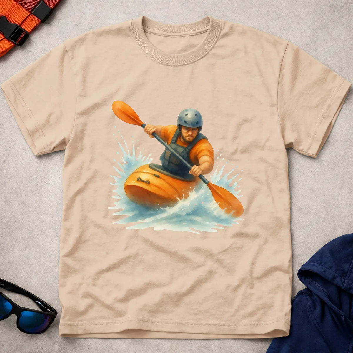 Read The River tee in Natural — watercolour whitewater kayaker in rapids — Vector Paddle