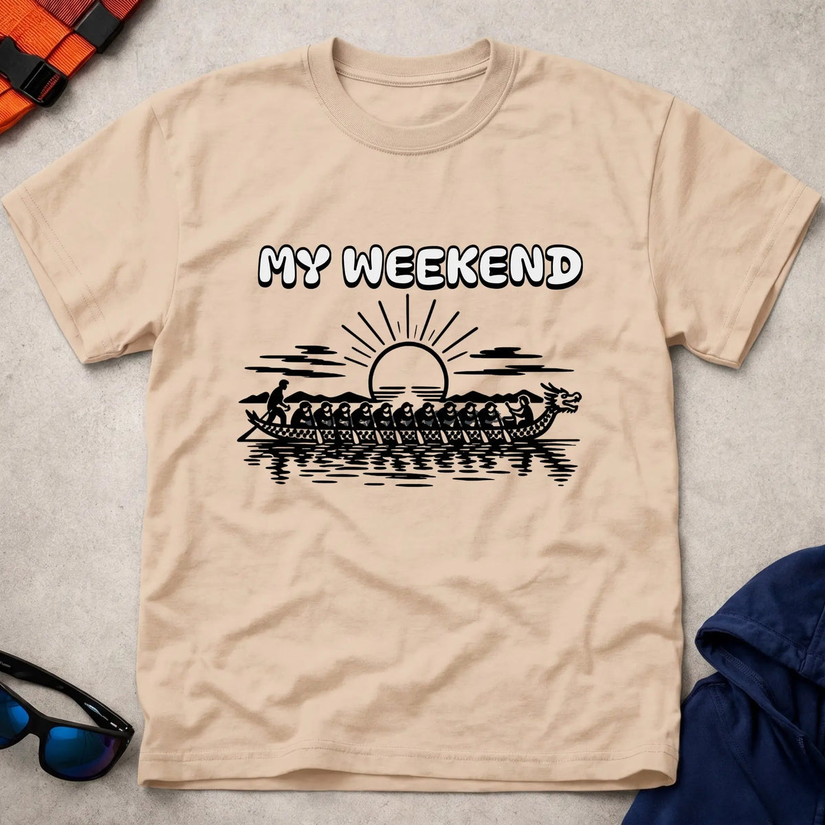 My Weekend Dragon Boat tee in Natural — dragon boat crew at sunrise with 'My Weekend' lettering — Vector Paddle